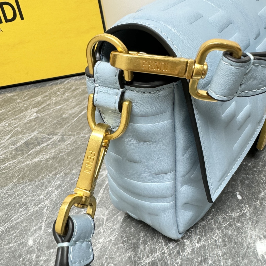 Fendi Medium Baguette Nappa Leather with FF Motif Shoulder Bag Light Blue